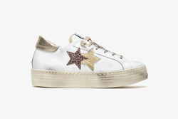 4CM PLATFORM SNEAKERS IN WHITE LEATHER WITH DETAILS IN GOLD AND LEOPARD CRUST AND CREAM ECOFUR WITH "USED" EFFECT