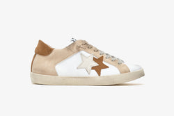 LOW 100 SNEAKERS IN WHITE LEATHER WITH BEIGE, ICE AND BROWN SPLIT DETAILS WITH "USED" EFFECT