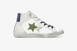 HIGH 105 SNEAKERS IN WHITE LEATHER - DETAILS IN ICE CRUST, GREEN AND BLUE WITH "USED" EFFECT