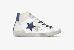 HIGH 105 SNEAKER IN WHITE LEATHER - DETAILS IN ICE CRUST AND BLUE WITH "USED" EFFECT