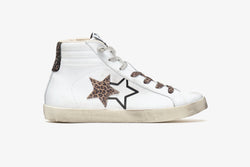MID SNEAKER IN WHITE LEATHER WITH LEOPARD DETAILS AND BROWN GLITTER - ECOFUR LINING AND "USED" EFFECT