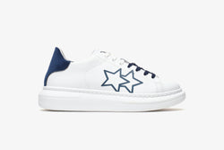 PRINCE SNEAKERS IN WHITE LEATHER WITH DETAILS IN BLUE FABRIC