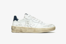 PADEL SNEAKER IN WHITE LEATHER WITH BLUE DETAILS AND "USED" EFFECT