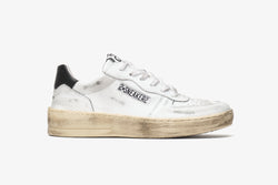 PADEL SNEAKER IN WHITE LEATHER WITH BLACK LOGO DETAILS AND "USED" EFFECT