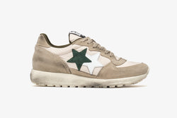 RUNNING SNEAKERS IN BEIGE NYLON WITH BEIGE, GREEN AND WHITE SPLIT DETAILS WITH "USED" EFFECT