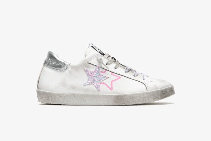 LOW SNEAKERS IN WHITE LEATHER WITH PINK AND SILVER GLITTER DETAILS AND 
