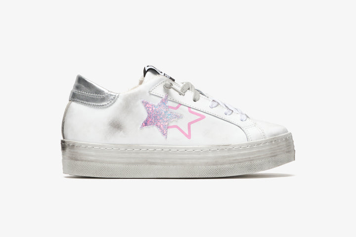 4CM PLATFORM SNEAKER IN WHITE LEATHER WITH PINK AND SILVER GLITTER DETAILS WITH 