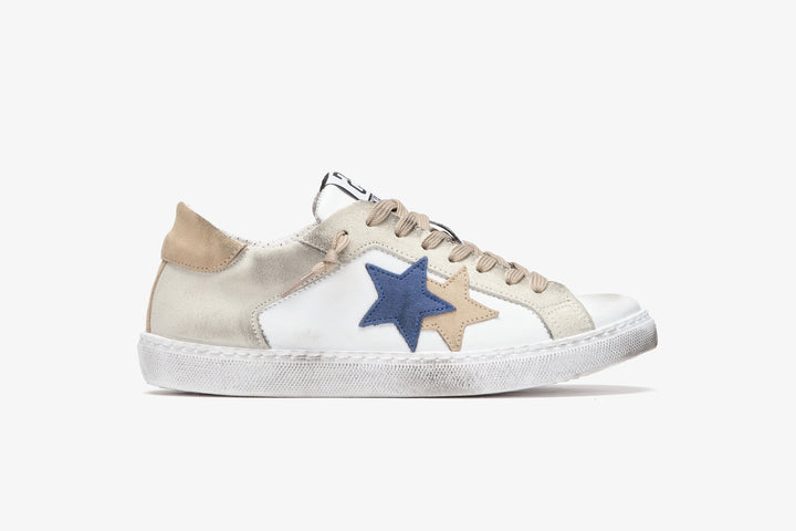 LOW SNEAKERS IN WHITE LEATHER WITH ICE CRUST, BEIGE AND BLUE DETAILS WITH 