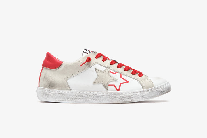 LOW SNEAKER IN WHITE LEATHER WITH ICE CRUST DETAILS AND RED LEATHER WITH 