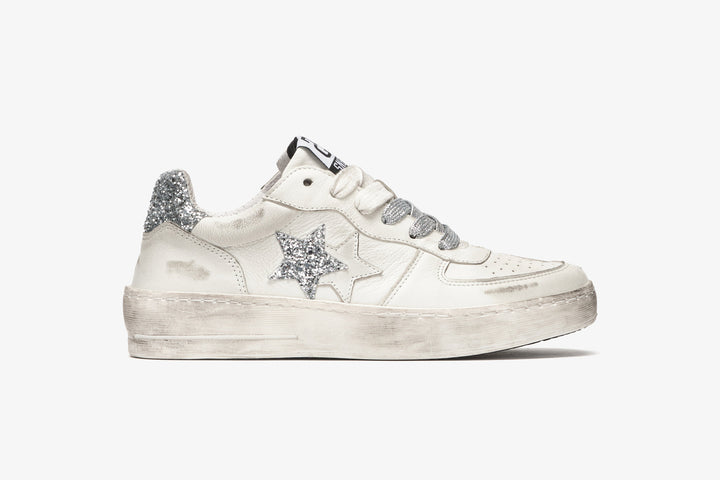PADEL SNEAKERS IN WHITE LEATHER WITH SILVER GLITTER DETAILS AND 