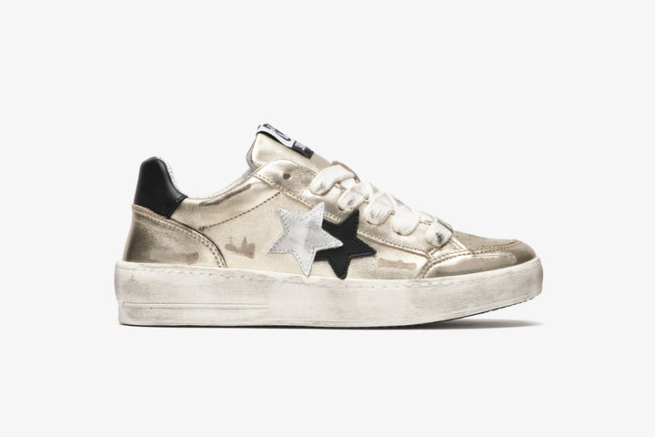 NEW STAR SNEAKER IN GOLDEN LAMINATED LEATHER WITH BLACK AND WHITE LEATHER DETAILS AND 