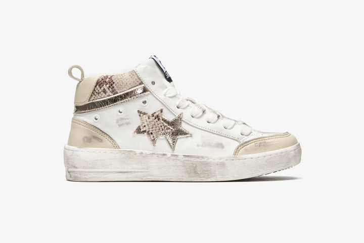 NEW STAR MID SNEAKER IN WHITE LEATHER WITH BEIGE, PYTHON AND SILVER DETAILS WITH 