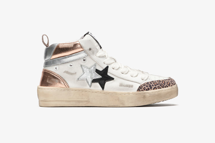 NEW STAR MID SNEAKER IN WHITE LEATHER WITH COPPER, BLACK, SILVER AND LEOPARD CRUST DETAILS AND 
