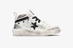 NEW STAR MID SNEAKER IN WHITE LEATHER WITH BLACK, SILVER AND PINK DETAILS WITH "USED" EFFECT