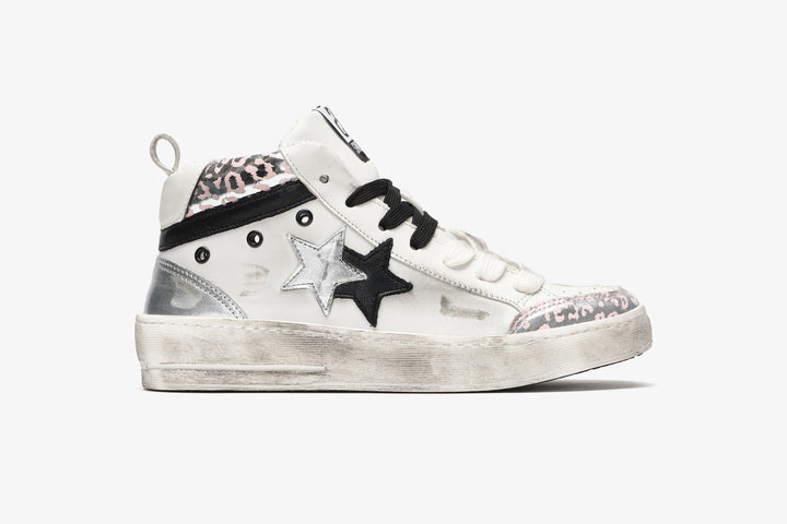 NEW STAR MID SNEAKER IN WHITE LEATHER WITH BLACK, SILVER AND PINK DETAILS WITH 