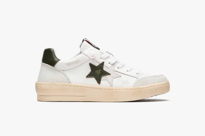 NEW STAR SNEAKER IN WHITE LEATHER WITH MILITARY GREEN DETAILS AND ICE CRUST AND 